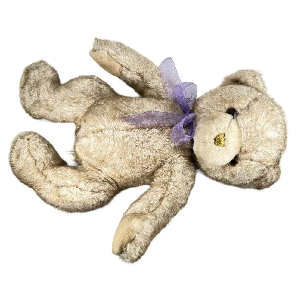 Vtg Commonwealth 2001 Plush Teddy Bear Stuffed Animal Beige Tan Purple Bow - Picture 7 of 12